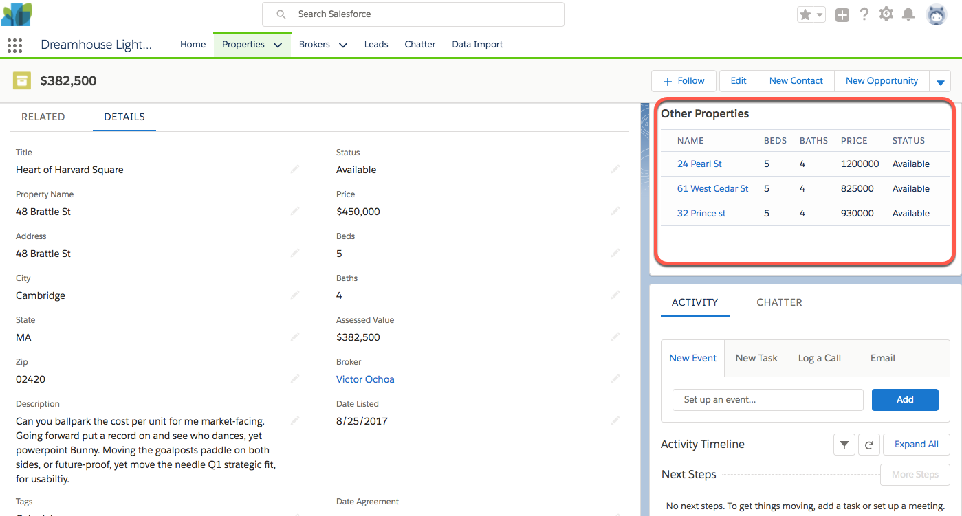 Screenshot showing new Visualforce component on the Properties page