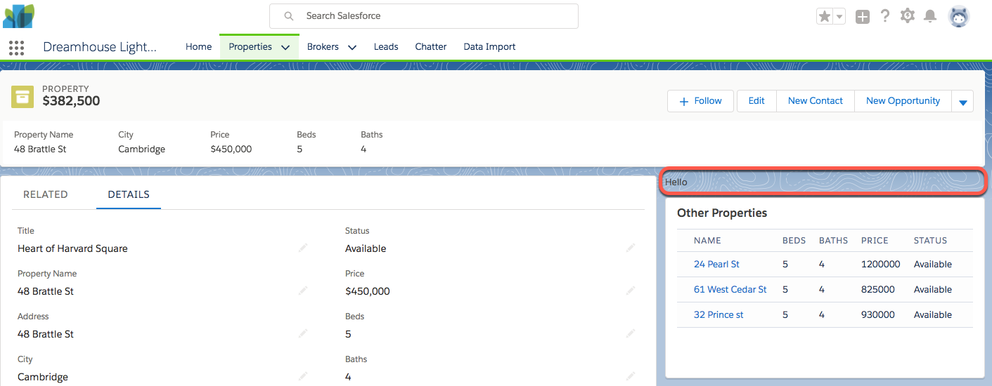 Screenshot of Hello World component in the Property page.