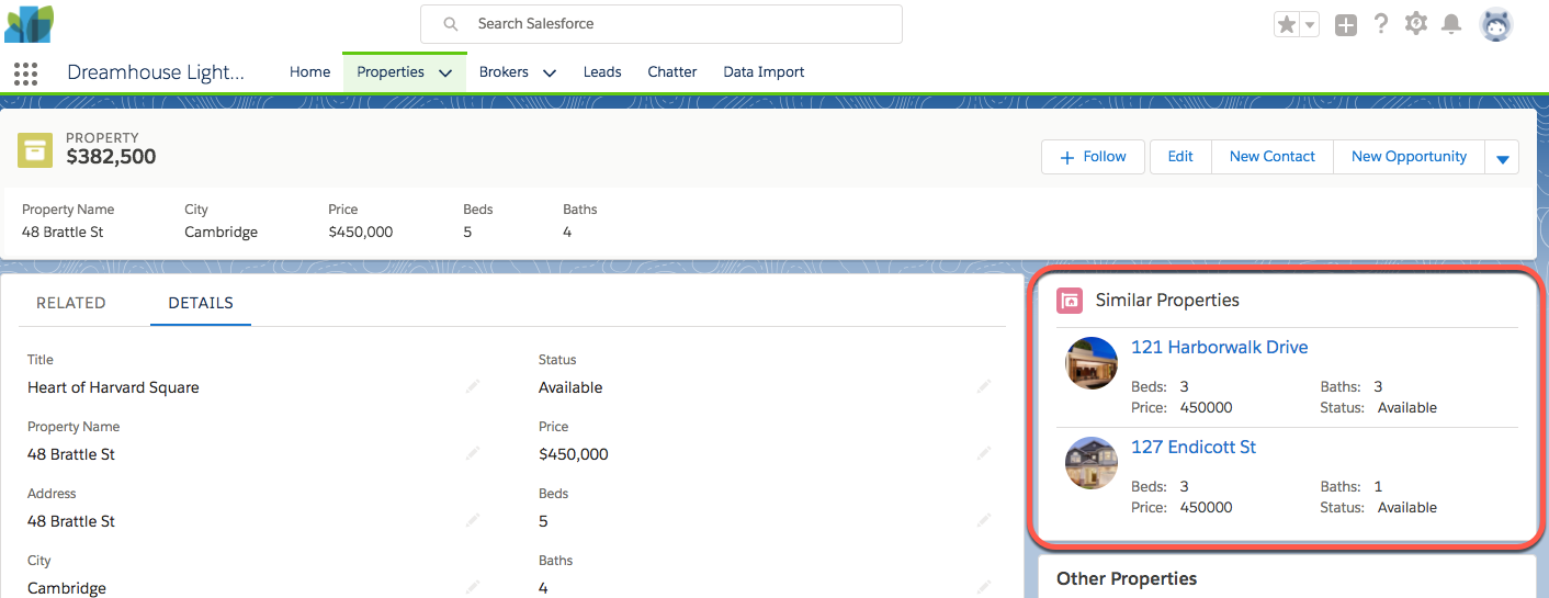 Screenshot of the SimilarProperty Lightning Component revised.
