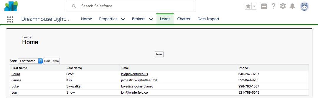 Screenshot of the Leads list without Lightning Experience Styling.