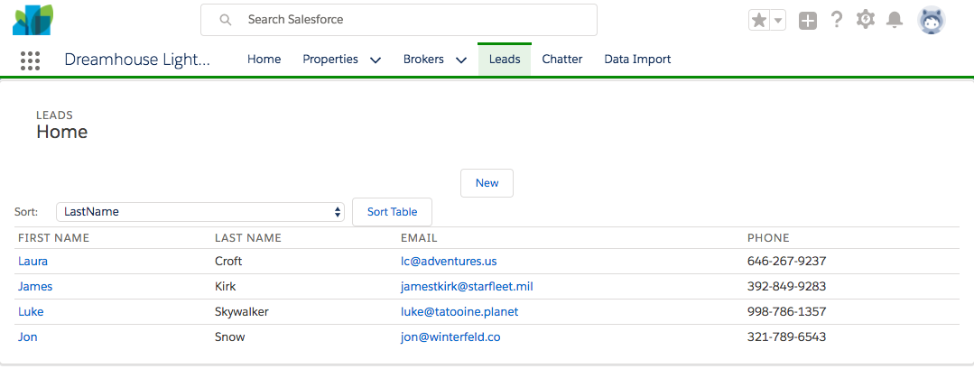 Screenshot of the Leads list without Lightning Experience Styling.