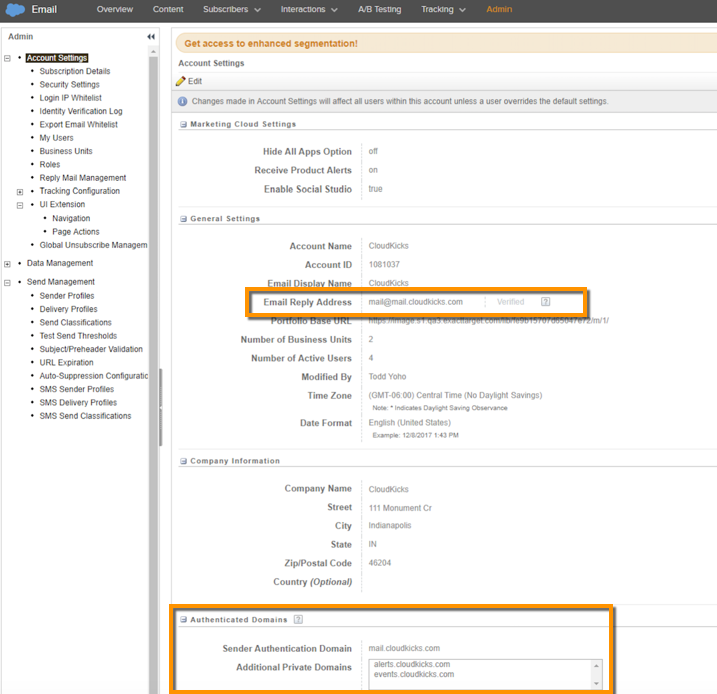 Screenshot of where in account settings you check for or initiate domain authentication