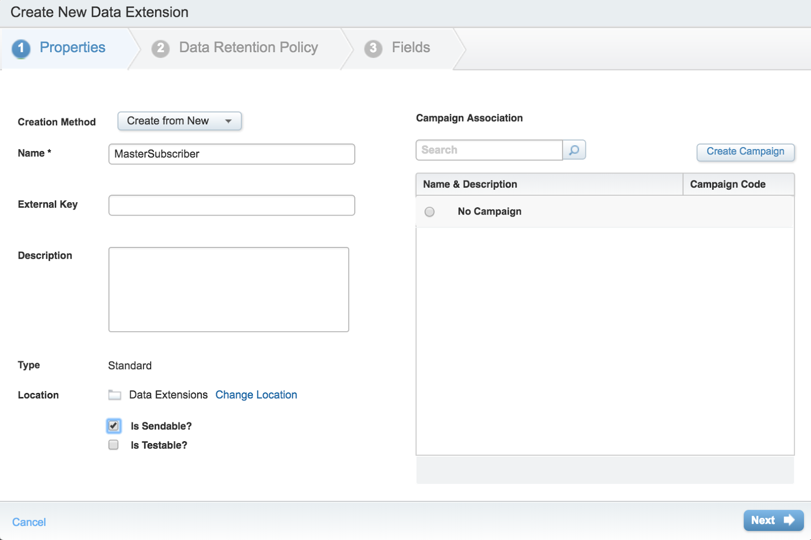 Adding properties in the Create a New Data Extension dialog box