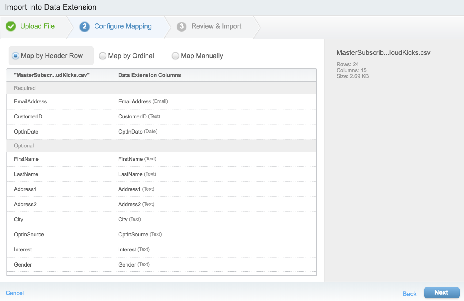 Import Wizard Step 2: Configure Mapping