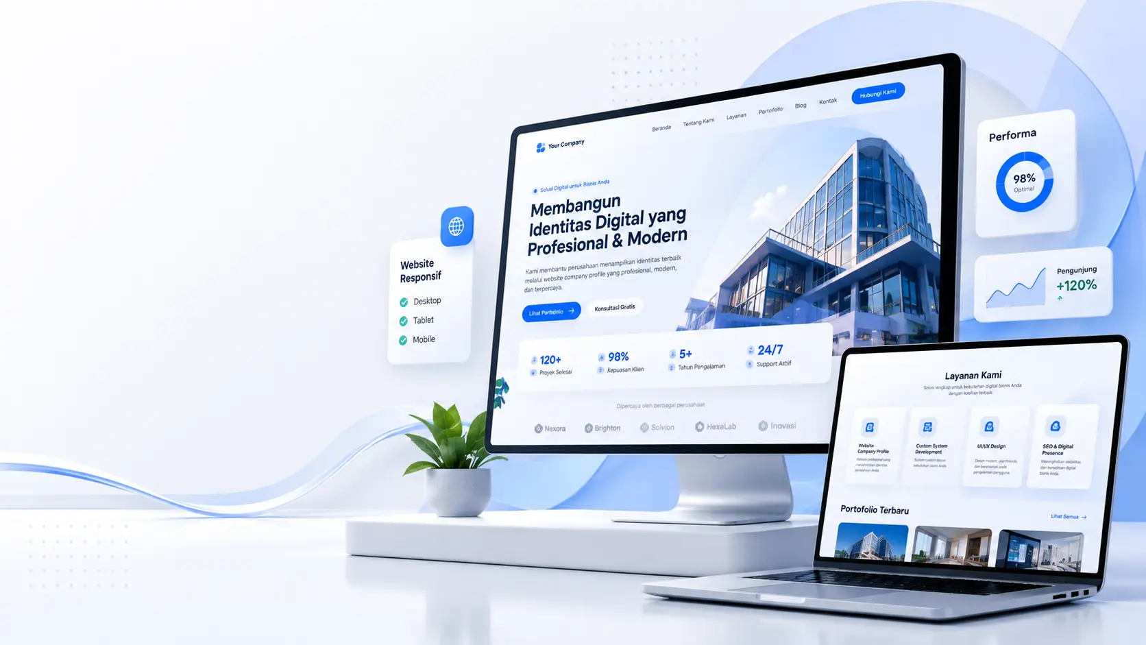 Ilustrasi website company profile yang profesional dan responsive di desktop maupun mobile