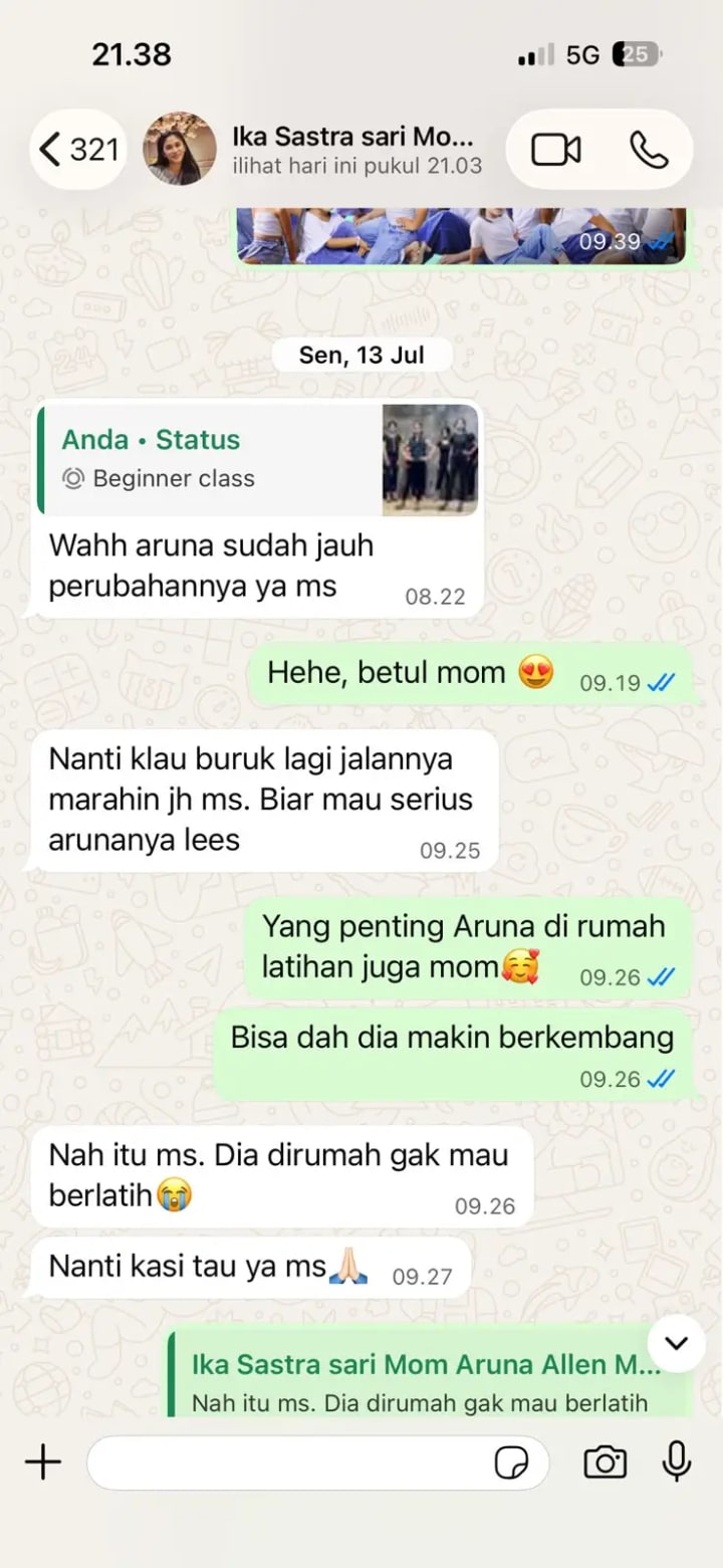 Bukti chat WhatsApp testimoni murid Allen Modelling Class 2