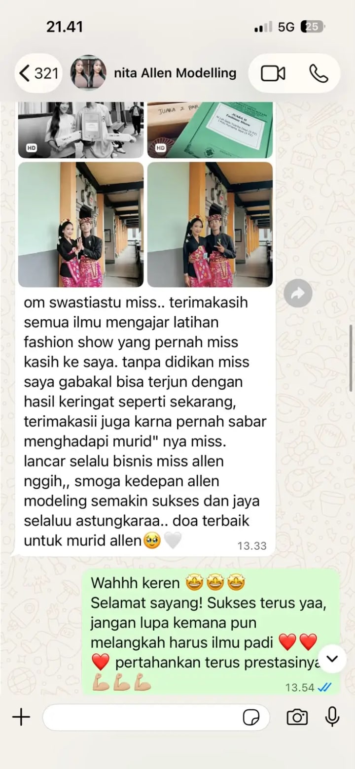Bukti chat WhatsApp testimoni murid Allen Modelling Class 1