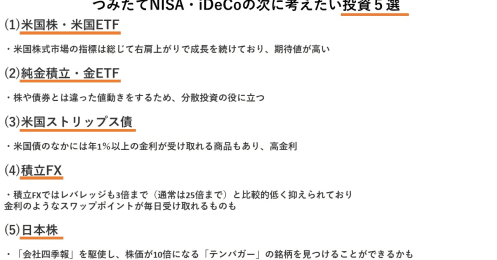 つみたてNISAやiDeCoの「次」へ、どのような投資が考えられる？