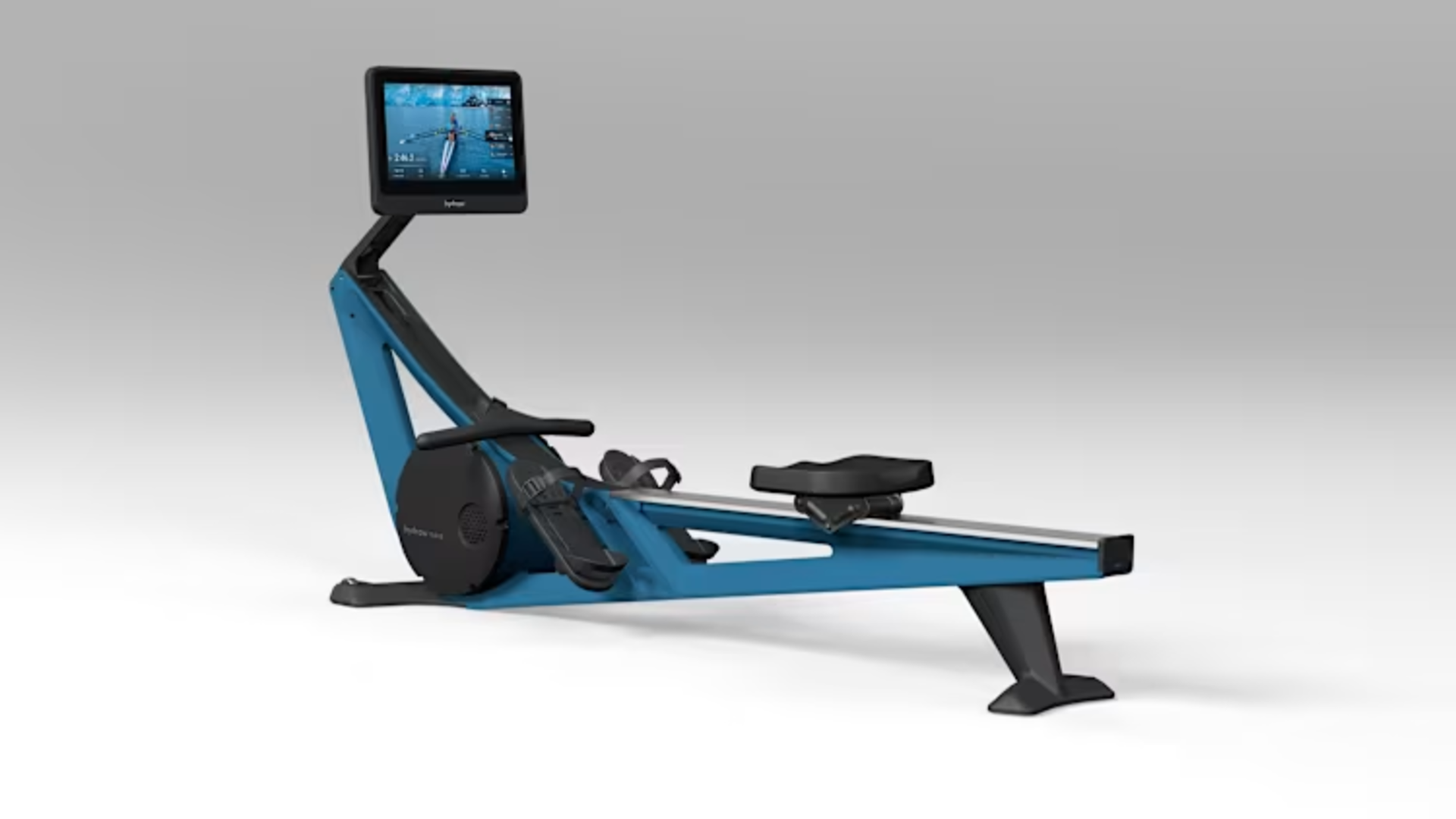 A blue Hydrow rowing machine.