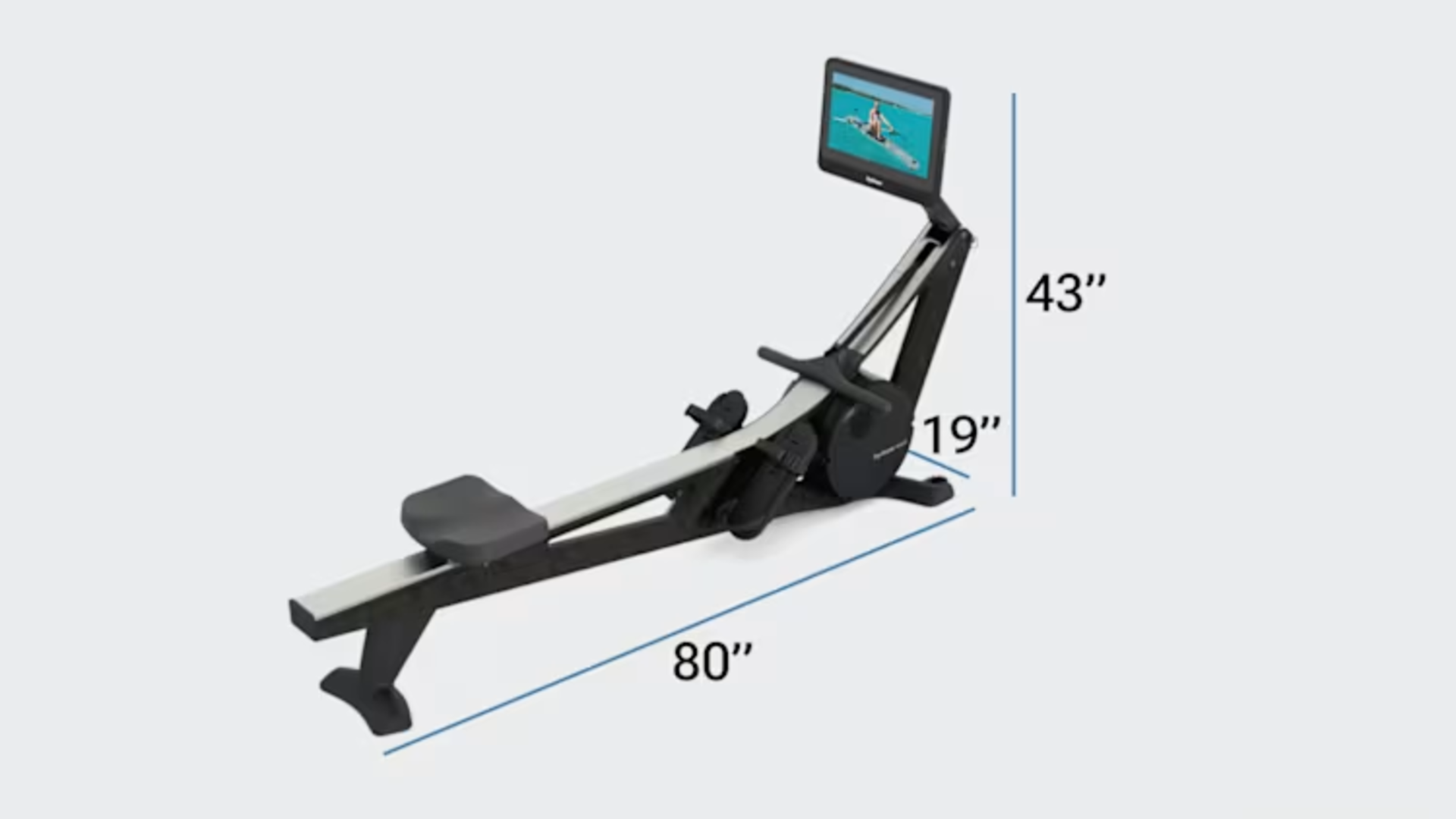 A graphic showing the dimensions of a Hydrow Wave rowing machine.