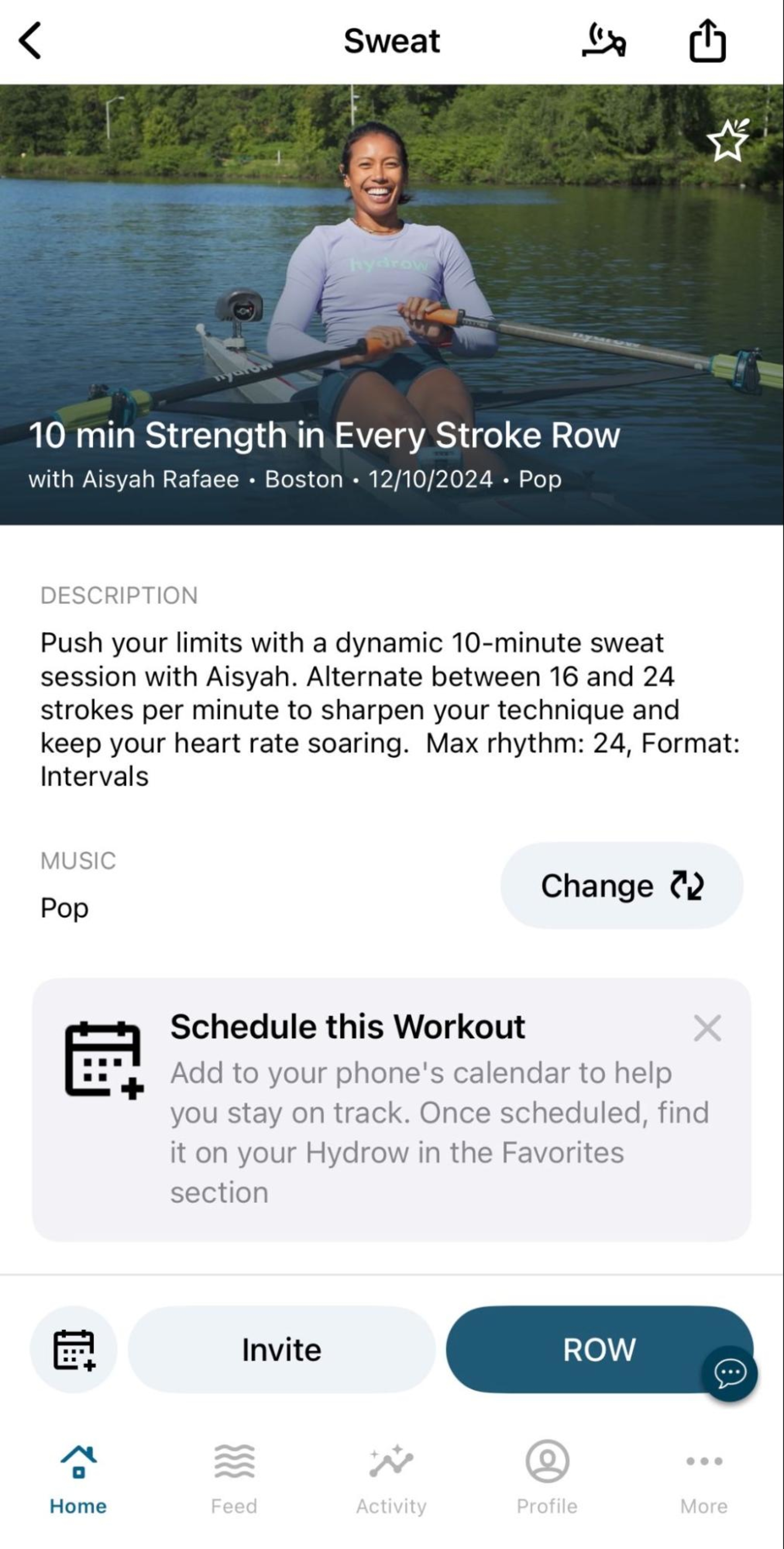 Screenshot of Hydrow app, where a new feature will let you schedule your workouts in your favorite calendar app.