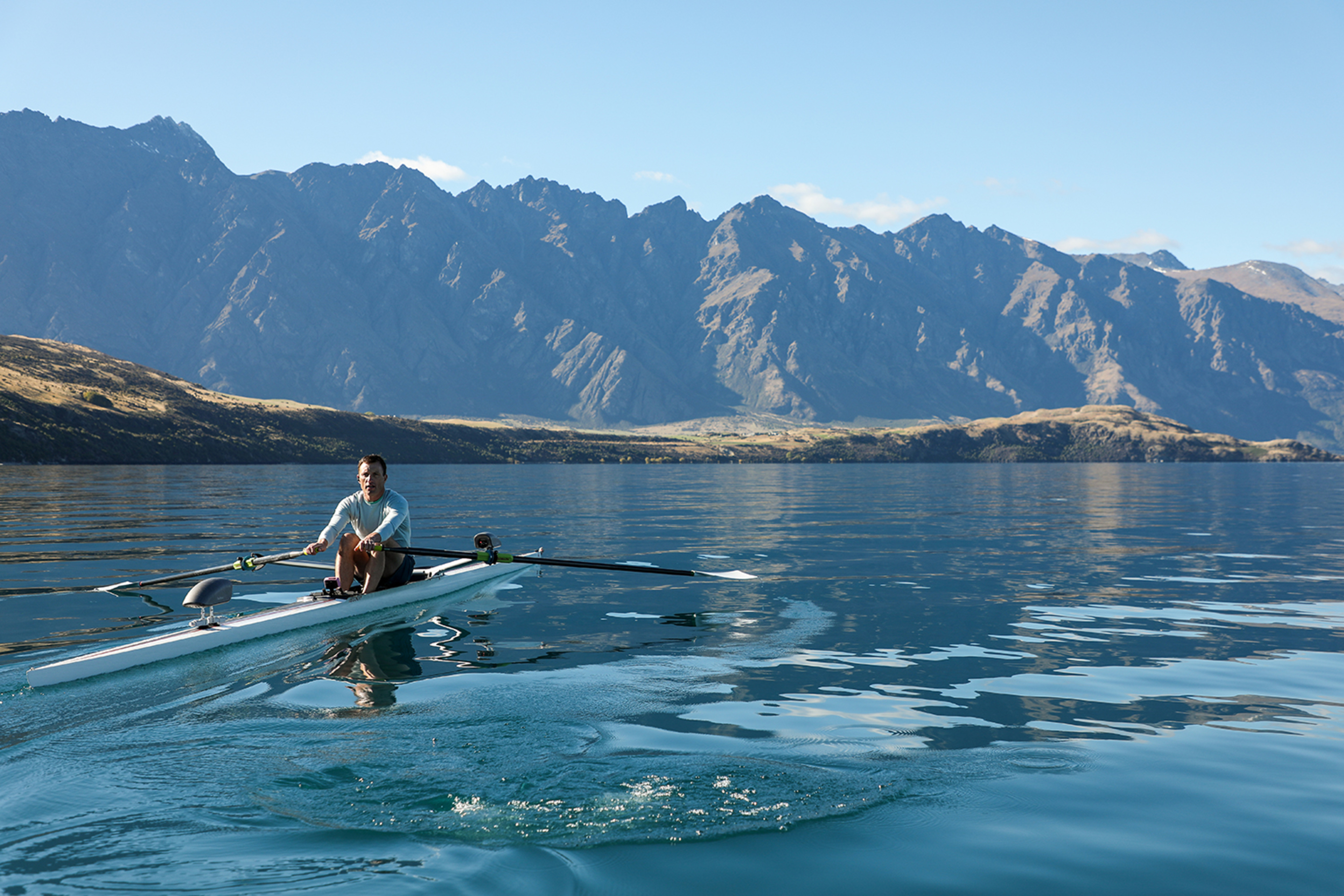 Hydrow Athlete Mike rows in New Zealand.