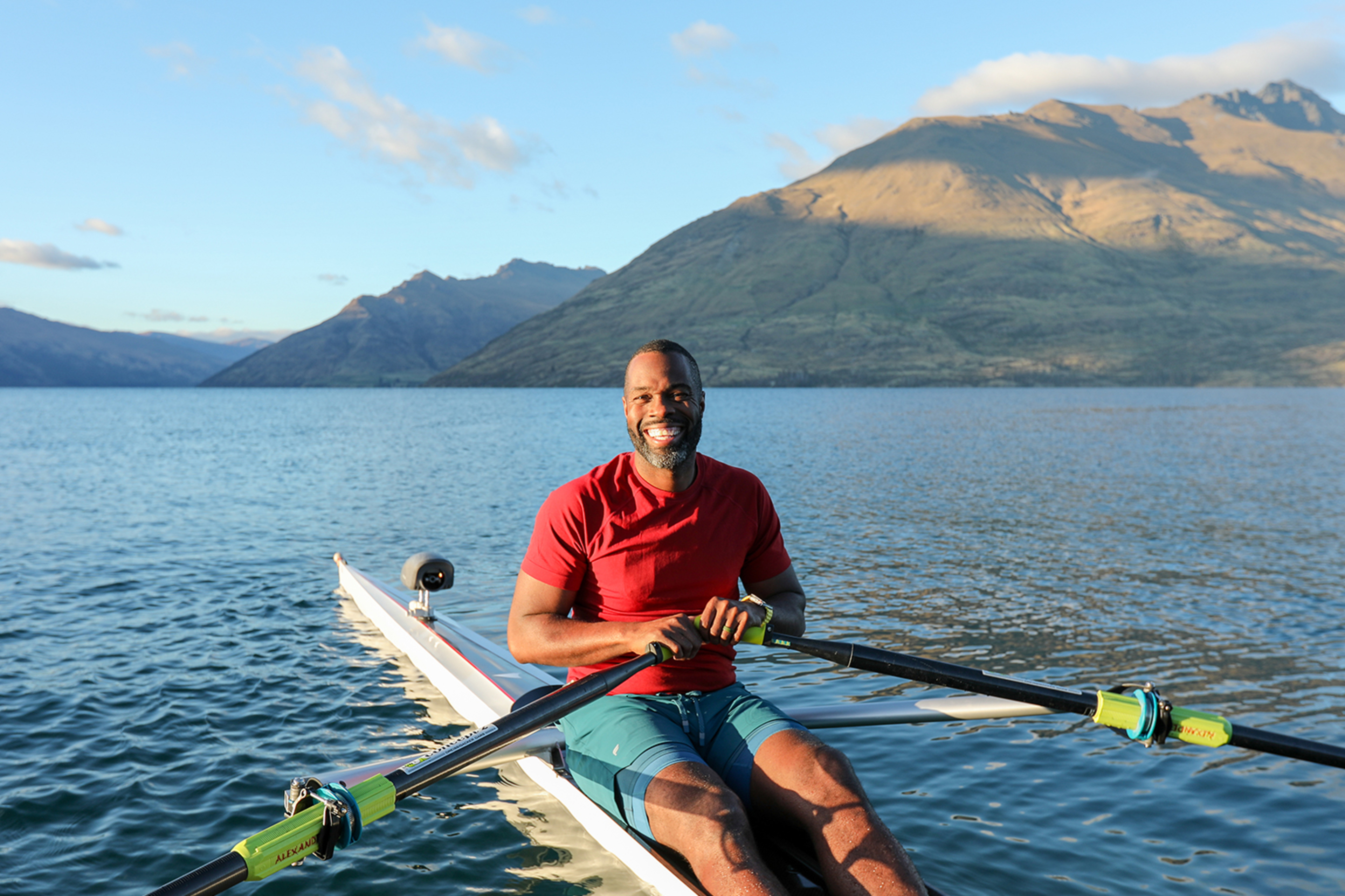 Hydrow Athlete Aquil rows in New Zealand.