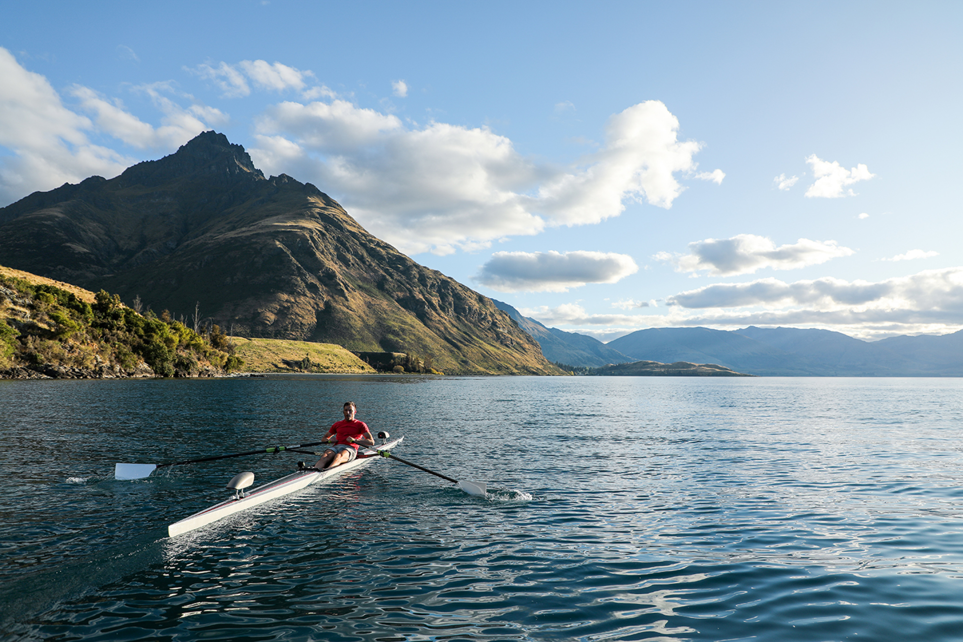 Hydrow Athlete Mike rows in New Zealand.