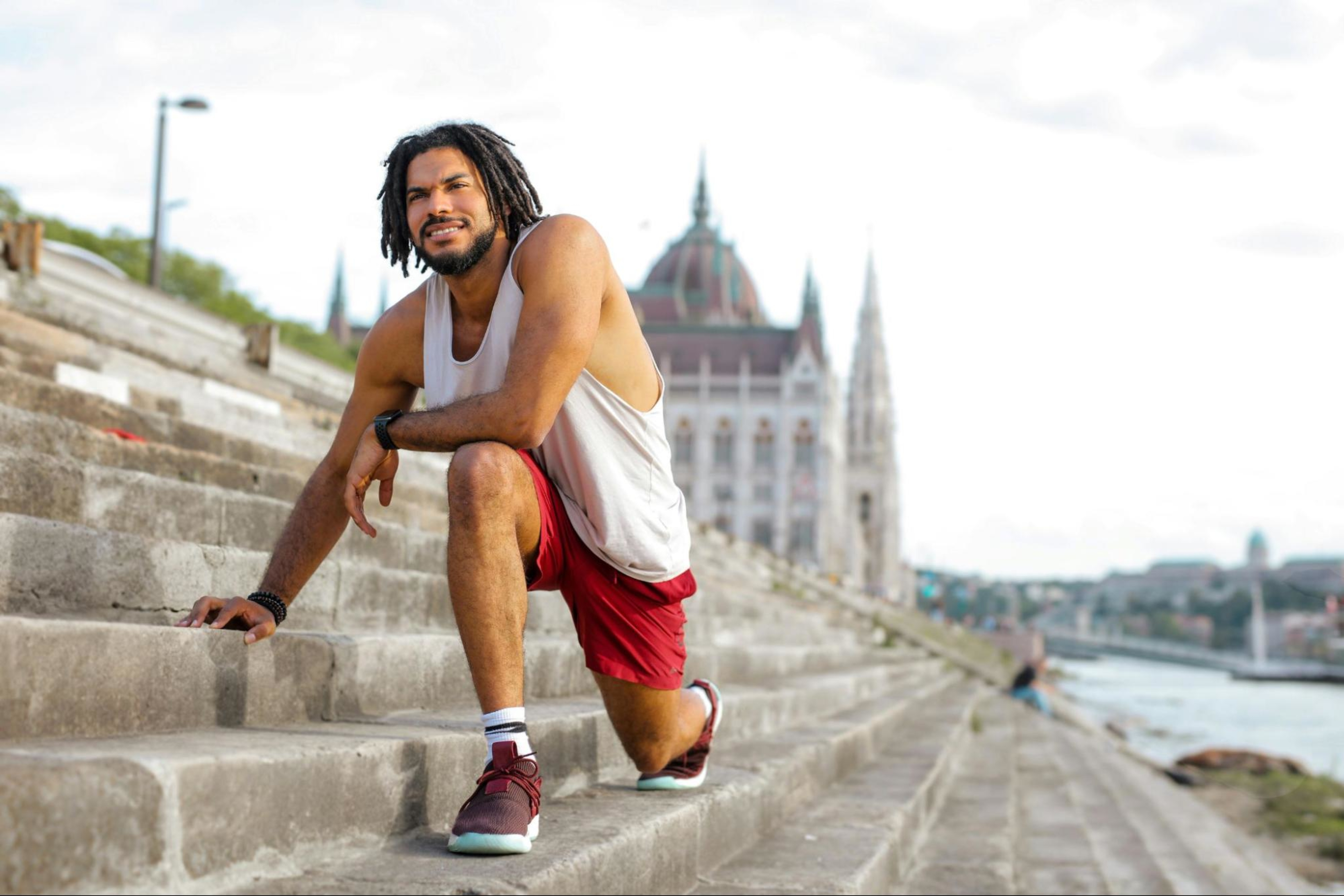 Man does a stairs workout to mix up his workout routine and make exercising more fun.