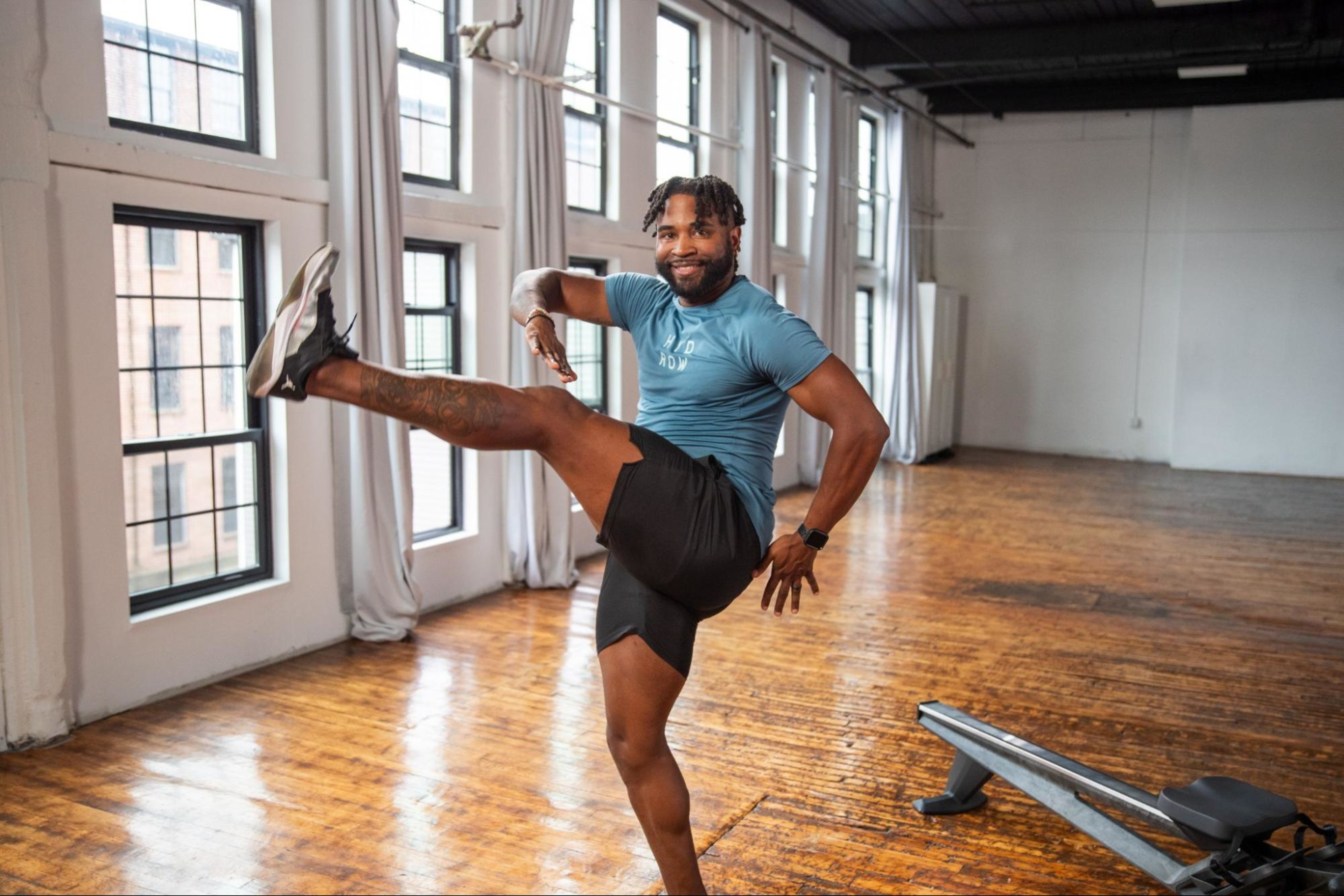 Hydrow Athlete Manteo demonstrates how to build leg muscle.