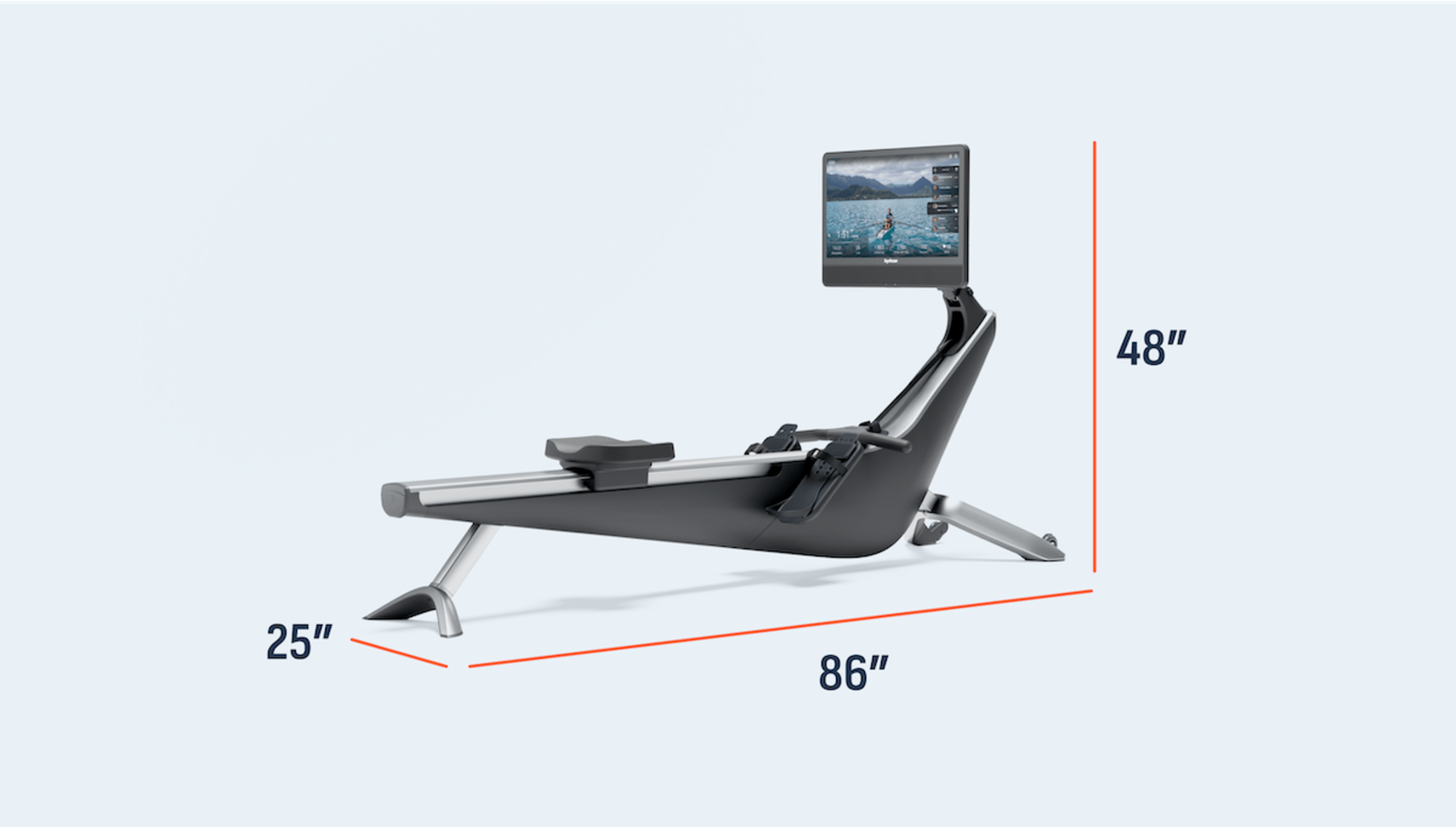 A graphic showing the dimensions of a Hydrow Arc rowing machine.