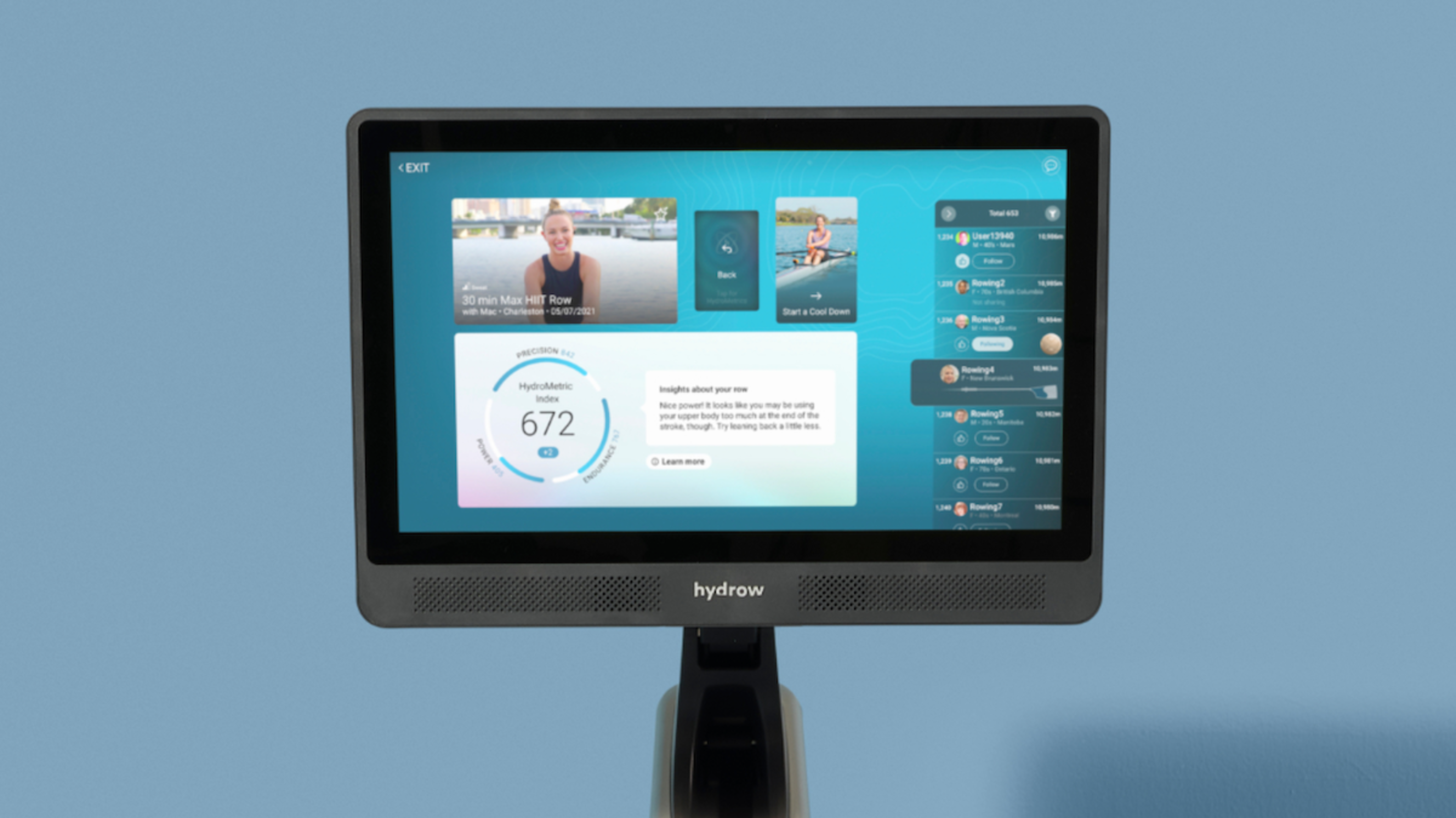 A Hydrow rowing machine showing HydroMetrics, our new intelligent tracking system.