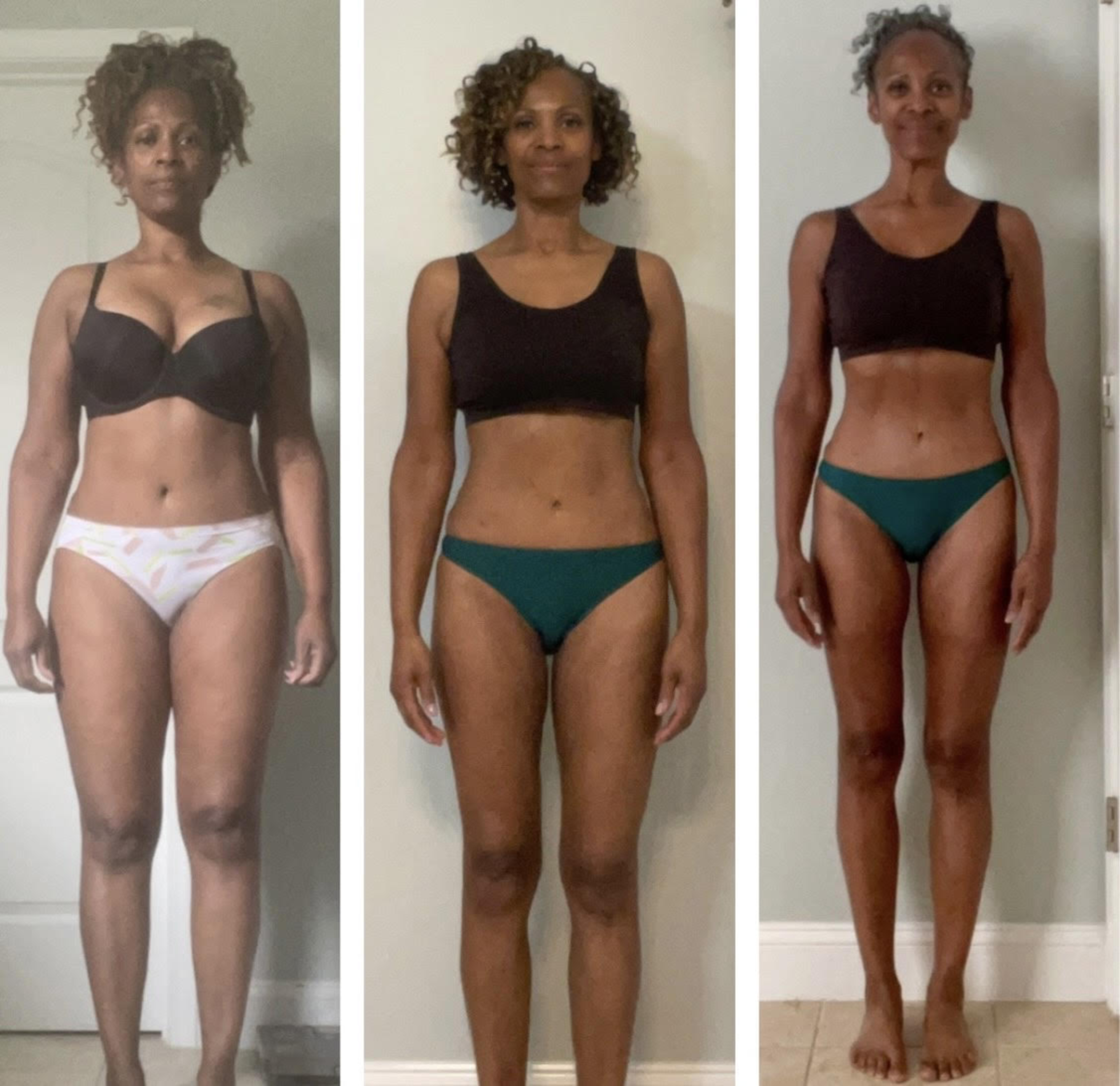 Hydrow Member Marcia Allen shows before-and-after photos for the 75 Hard challenge using her Hydrow rower.