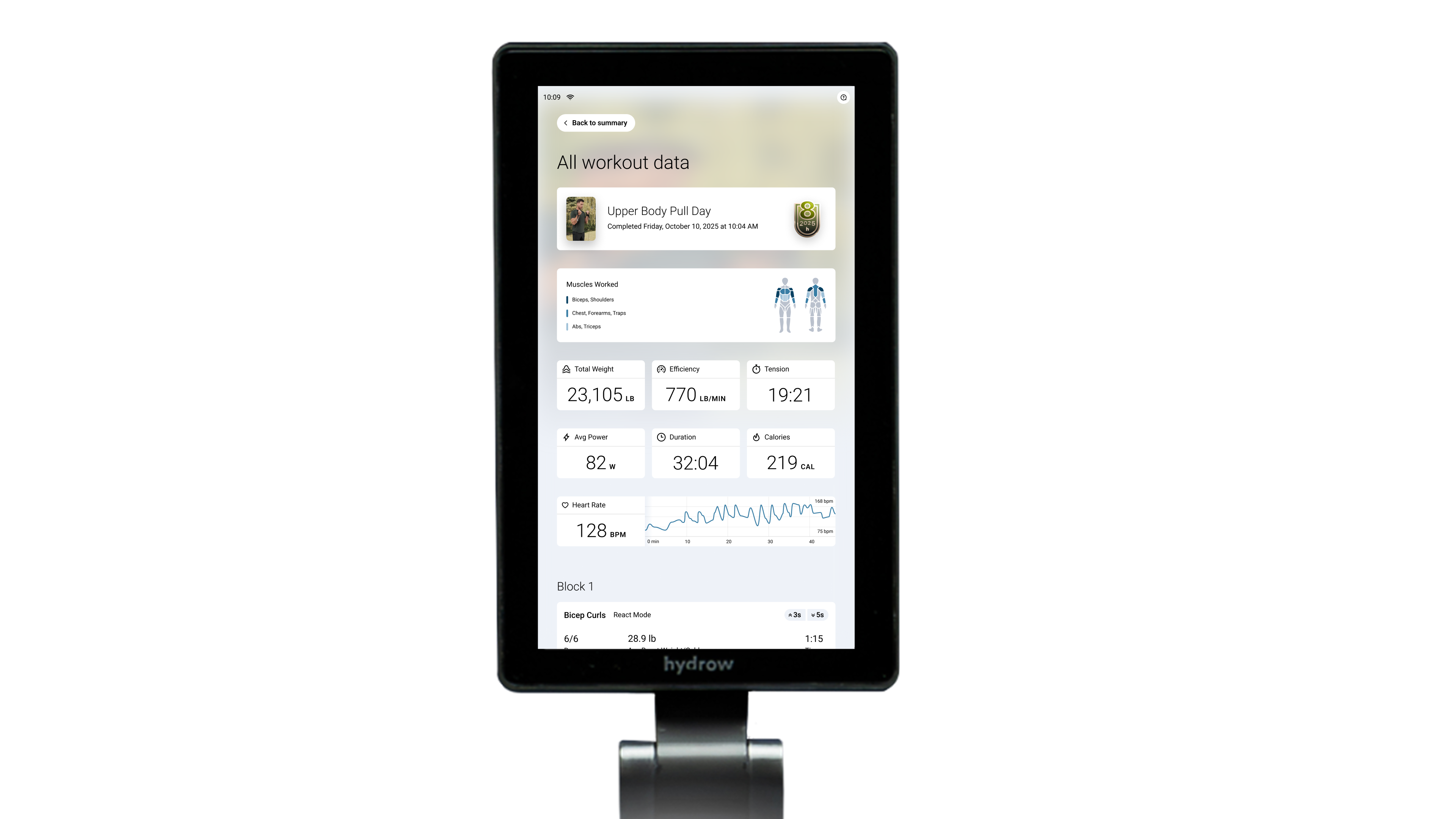 LYQUID interface including post-workout data like total weight lifted and PRs.