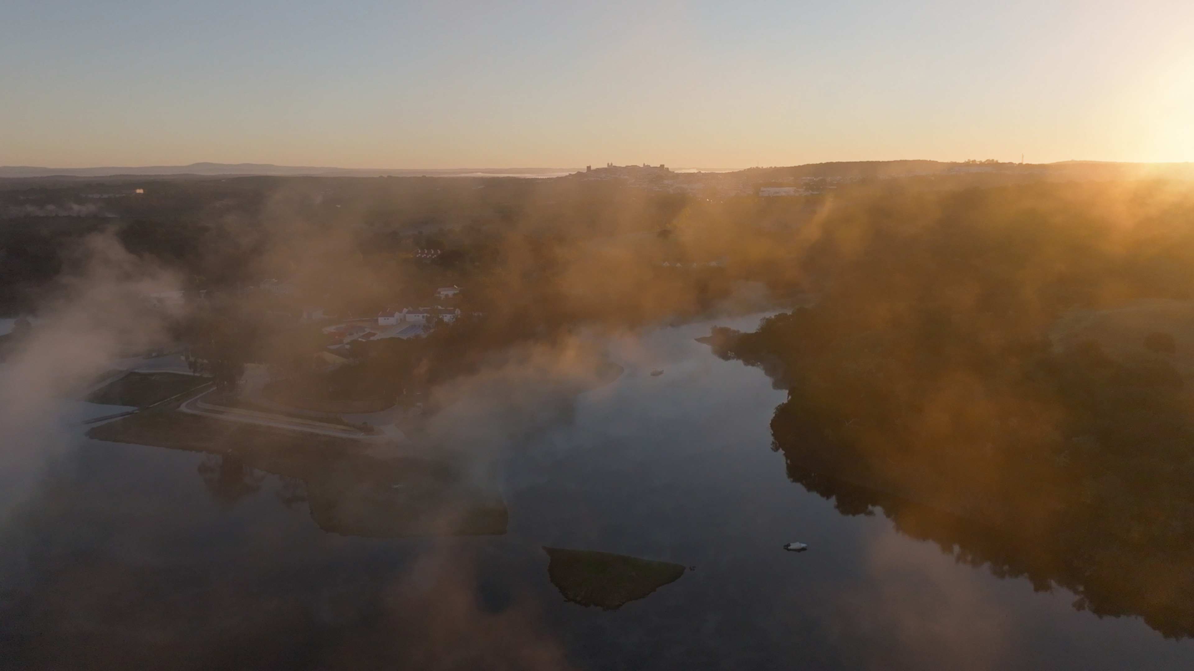 Drone shot of foggy Avis, Portugal.