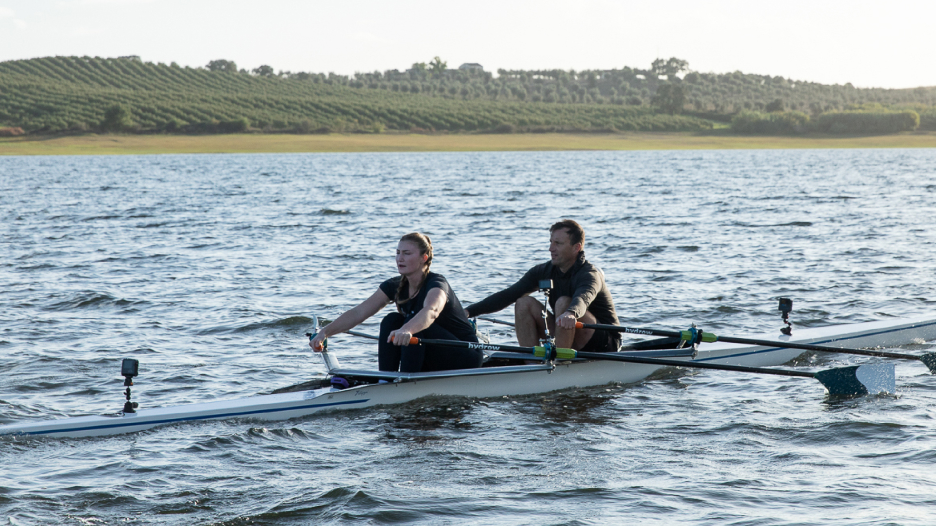 Hydrow Athletes Dani and Mike lead a workout in Avis, Portugal.