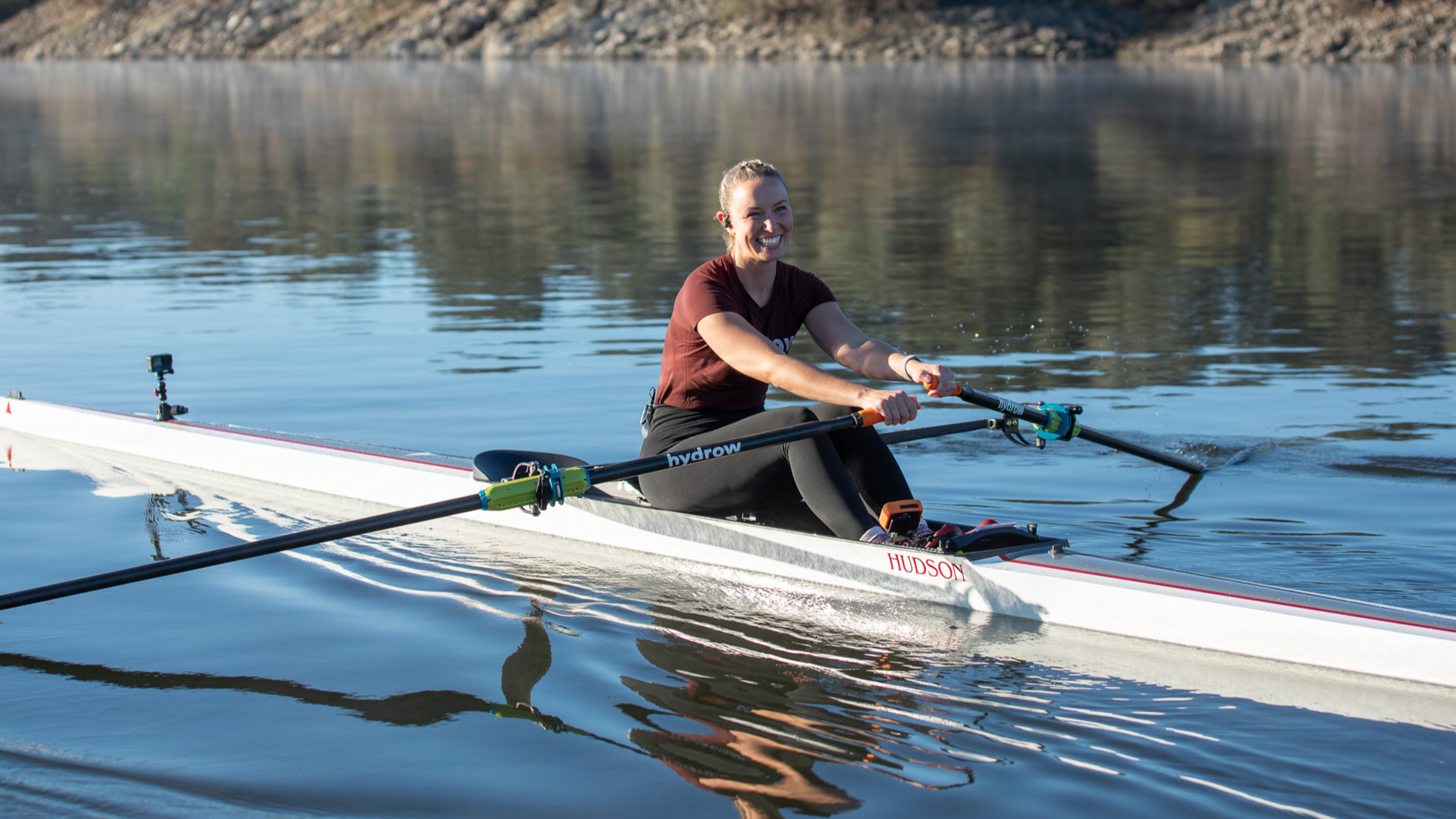 Hydrow Athlete Mac leads a workout in Avis, Portugal.