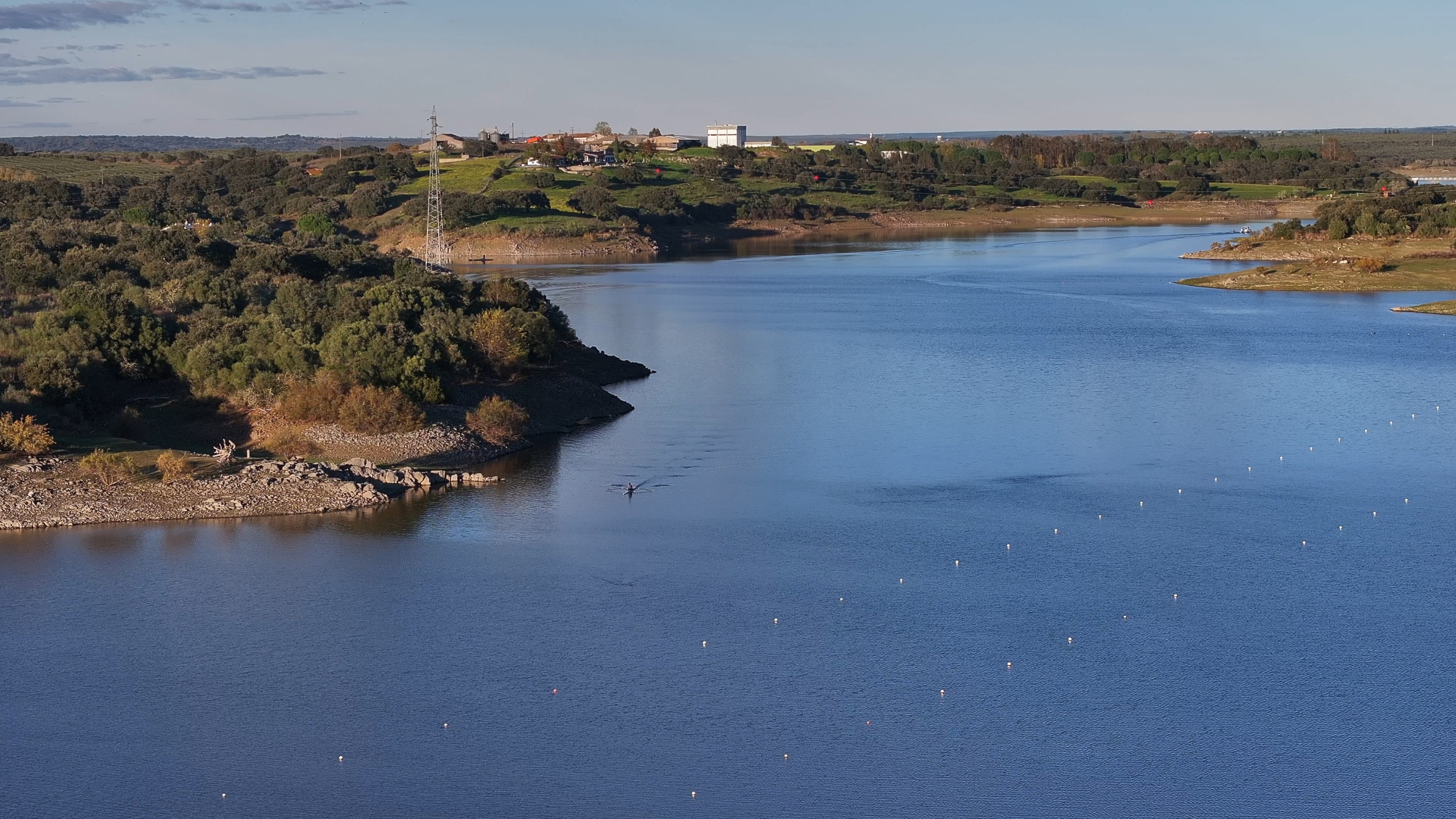 Drone shot of Hydrow Athletes rowing in Avis, Portugal.
