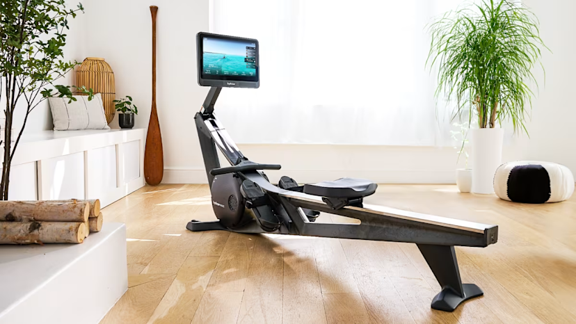 Hydrow Wave rowing machine in a living room.
