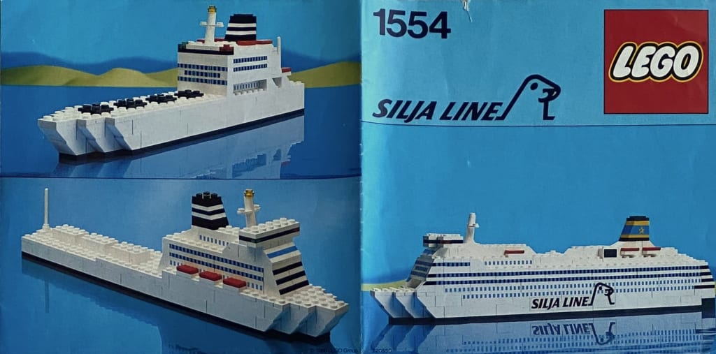 LEGO instruction booklet cover depicting a Silja Line ferry and two alternative ship builds