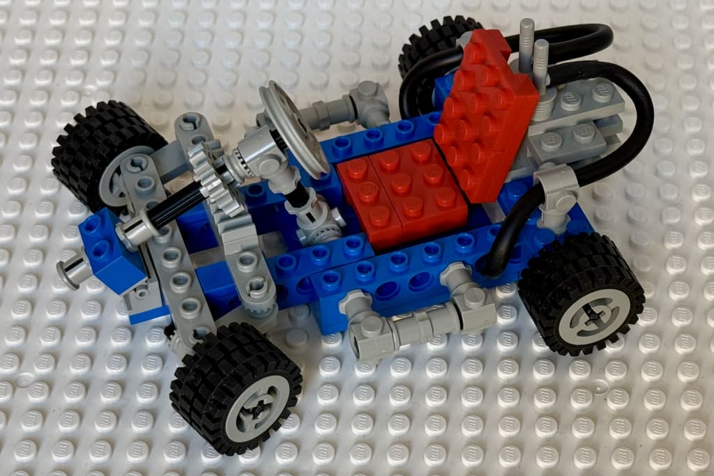 The final build with wheels and steering wheel added