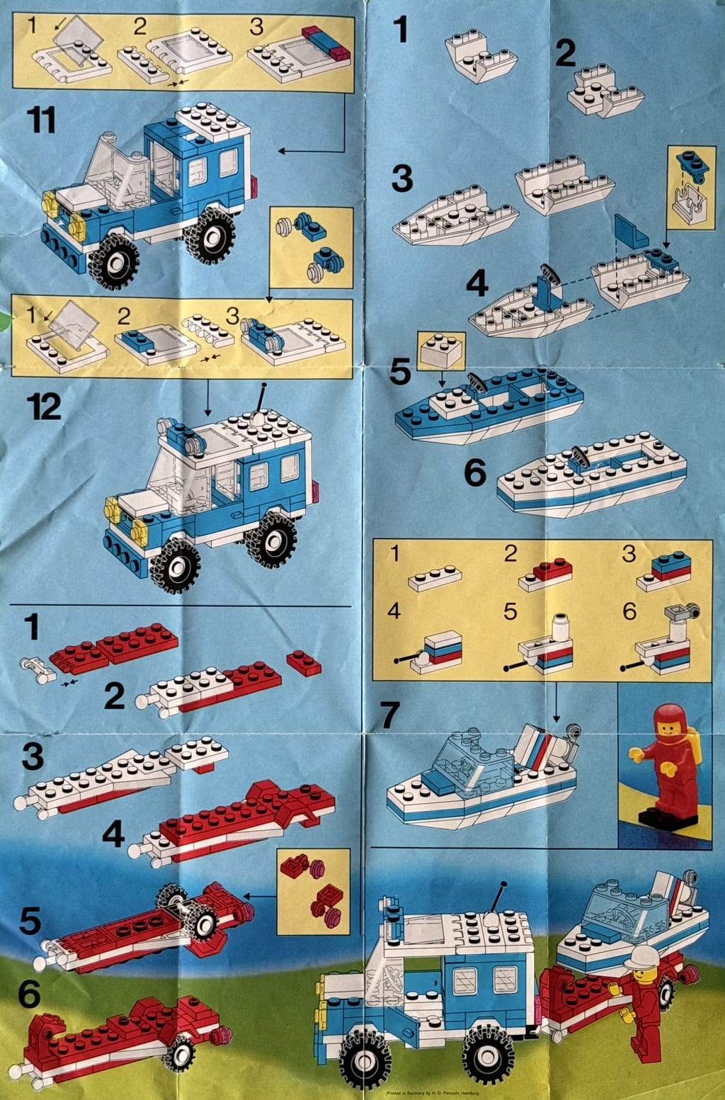 Second page of the booklet with instructions for building 11 and 12, as well as the trailer and boat (6 steps each)