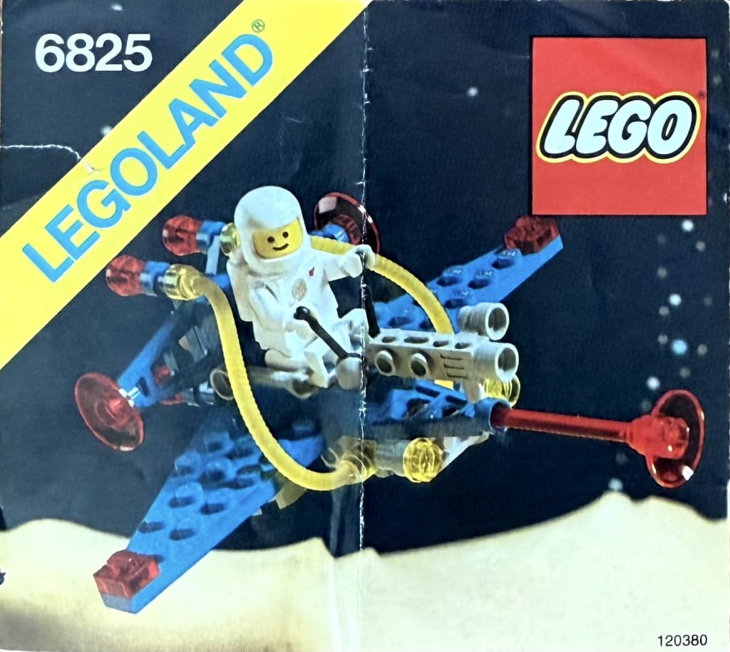 LEGO instruction booklet cover depicting a classic space minifig astronaut piloting a small spaceship