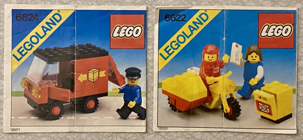 Two LEGO instruction booklet covers, one depicting a delivery truck and the other a post-motorcycle.