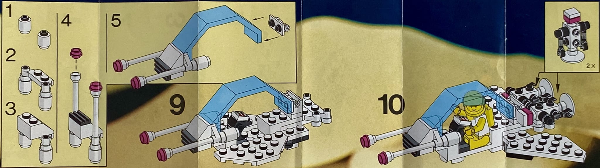 Instructions for steps 9 and 10, building the spaceship canopy and attaching the droids to the back.