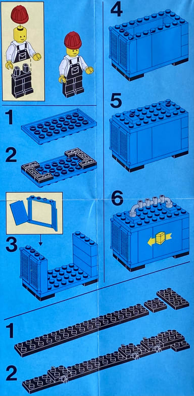 Instructions for building the minifigure, container and steps 1 & 2