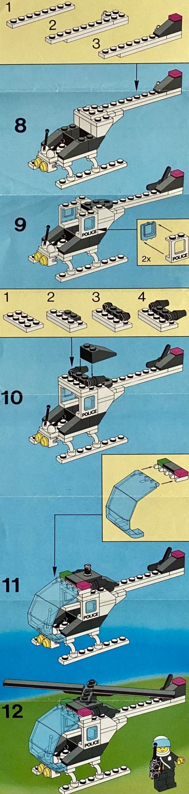 Instructions for steps 8 to 12, building the cockpit, tail and rotor of the helicopter