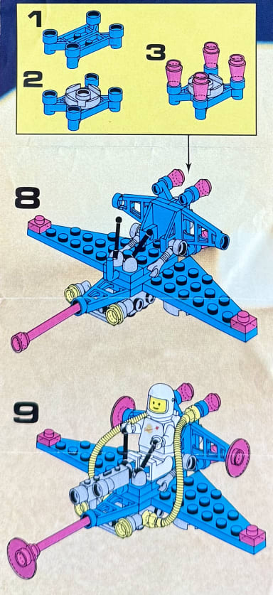 Second page of the booklet with instructions for the astronaut minifigure and steps 8 and 9