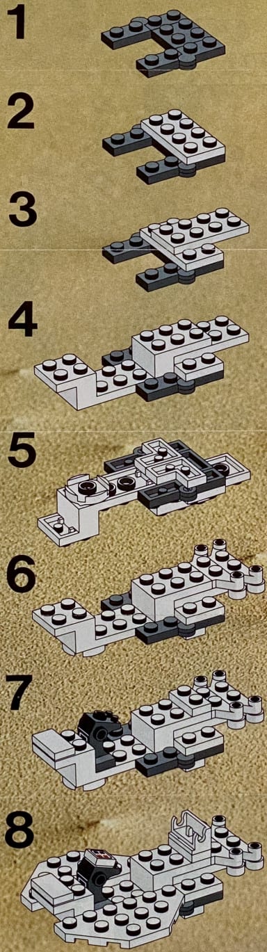 Instructions for steps 1 to 8, building the base of the spaceship