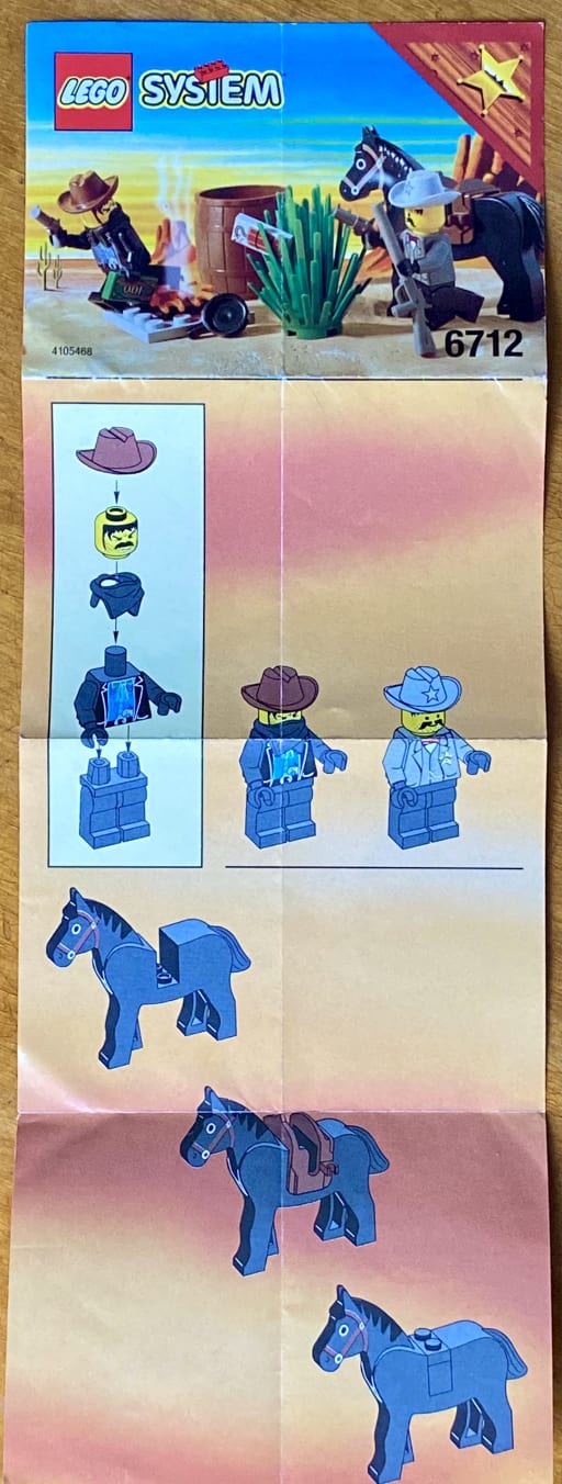 The first side of the instruction booklet, covering minifigure build and the saddling of the horse