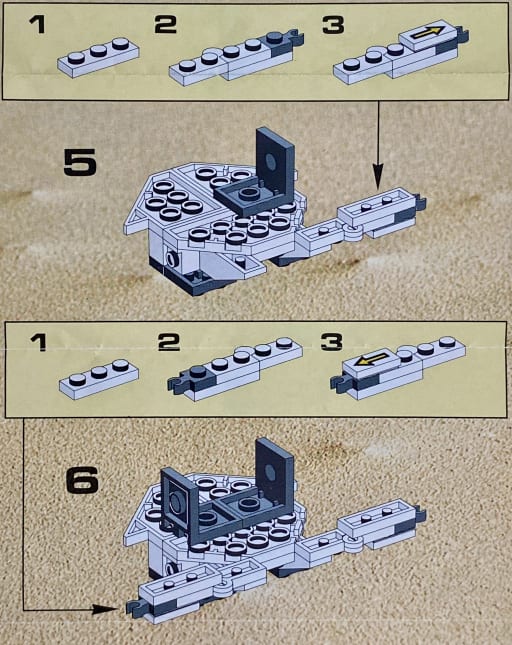 Instruction booklet, covering steps 5 and 6, building the articulated robotic arms with clips for holding items and attachment points for the legs