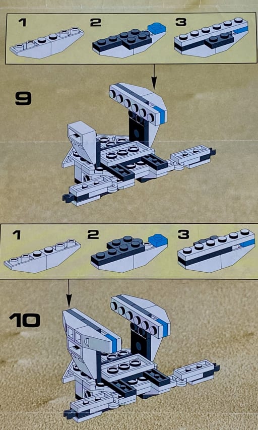 Instruction booklet, covering steps 9 and 10, building the walker's legs