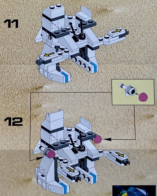 Instruction booklet, covering steps 11 and 12, the upper part of the vehicle