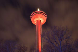 The view over both waterfalls from the Skylon Tower