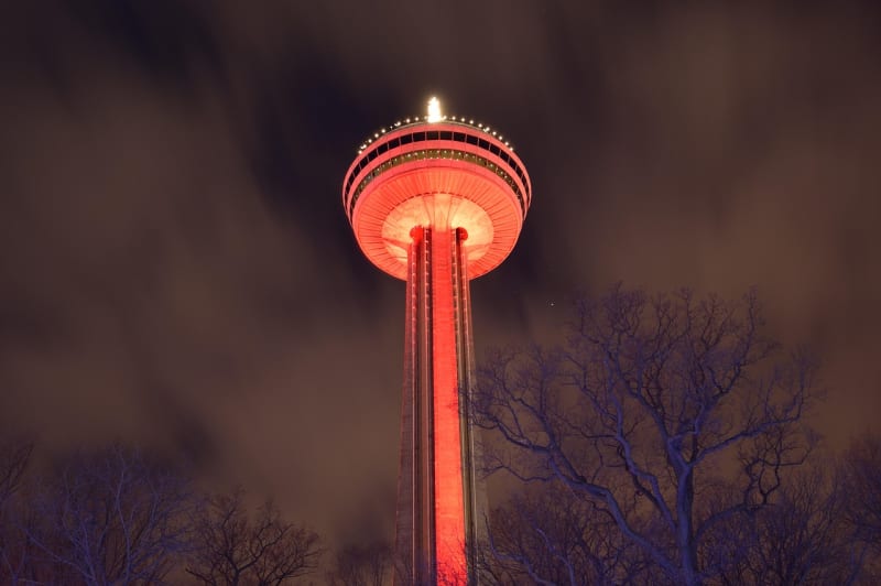 The view over both waterfalls from the Skylon Tower