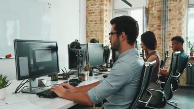 Three people work in an open office, working on desktop computers at a long desk.