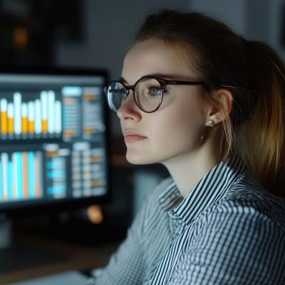 A young woman wearing spectacles is working in a dimly lit room. There is a monitor with bar charts displayed on it across from her. 