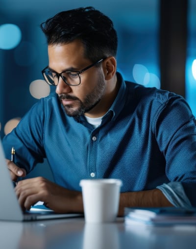 A focused man with a beard and glasses works on a laptop in an office, with a blurred graph in the background.
