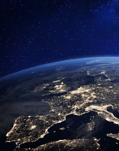 Satellite image of Europe and northern Africa taken at night.