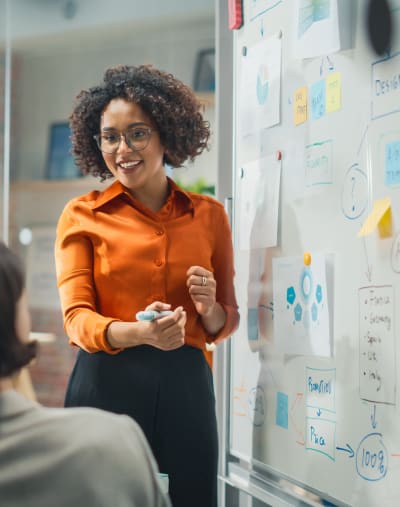 Person stands in front of a white board and simplifies complicated processes for two seated people.